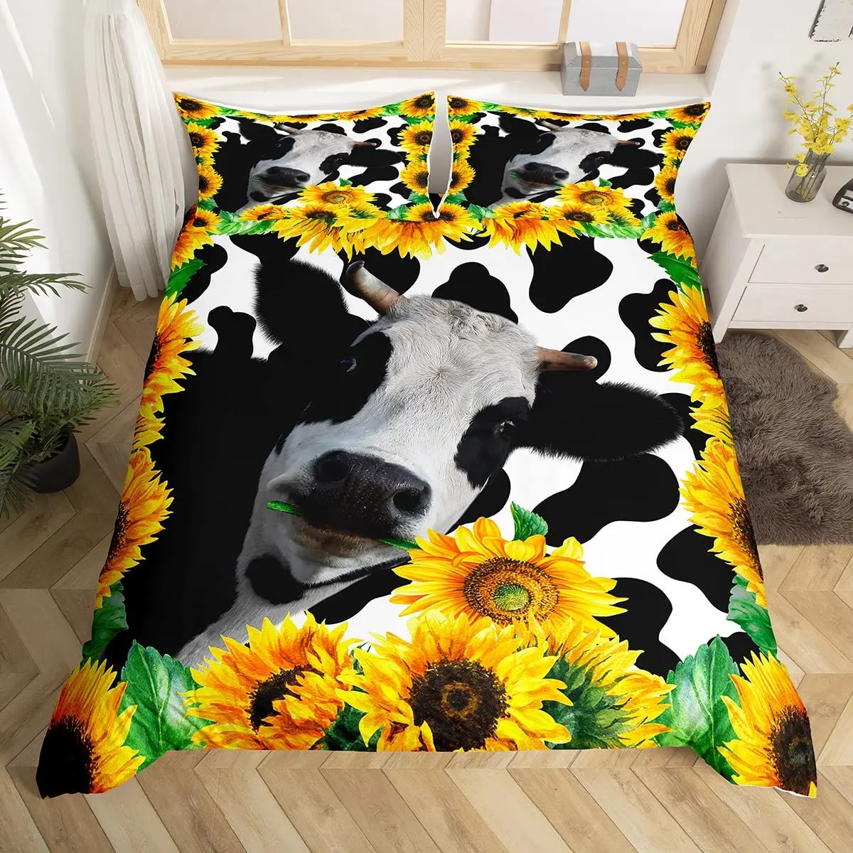 

Cow Duvet Cover Set King Microfiber Milk Cow And Yellow Sunflower Print Comforter Cover Cute Animal And Floral Theme Bedding Set