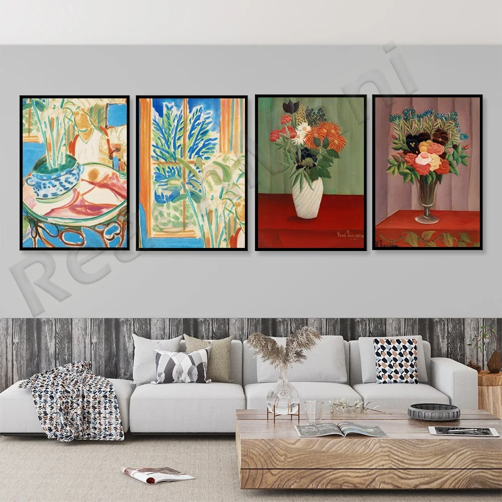 Henri Matisse stained windows, Collioure poster, Henri Rousseau vase painting bouquet with Chinese asters and Tokyo jungle art