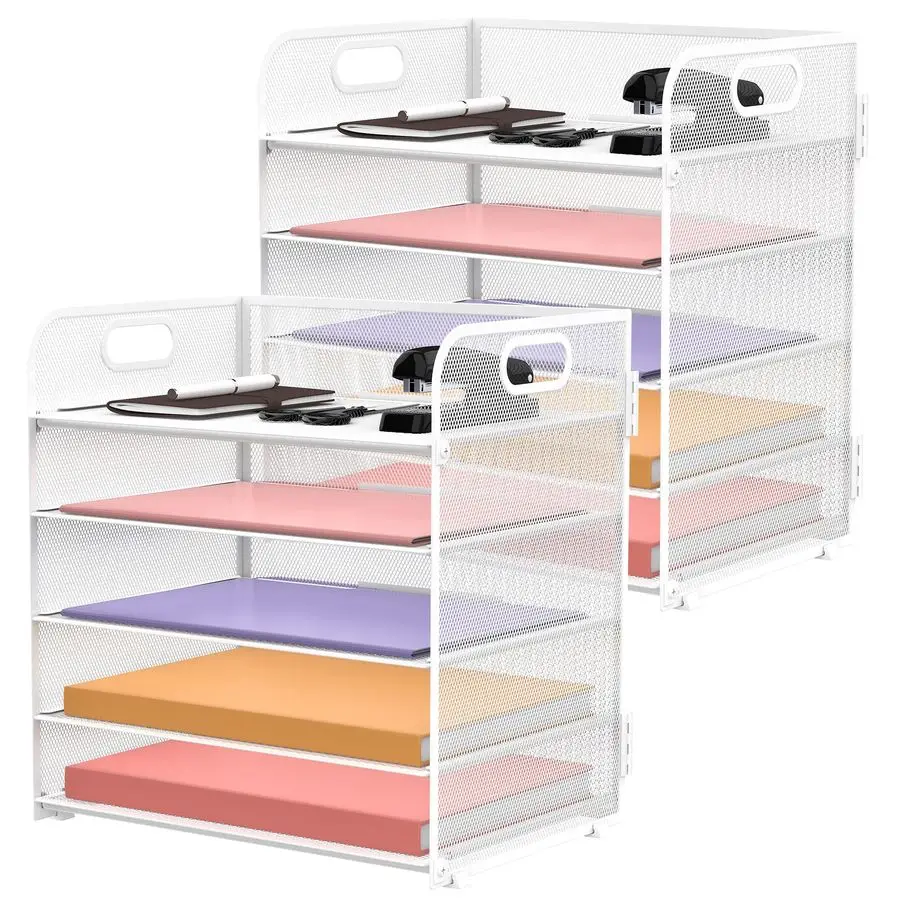 

Набор из 5-ярусных белых настольных органайзеров с ручкой, сетчатый органайзер для документов и бумаг, лоток для писем для офиса, школы и дома, простая установка