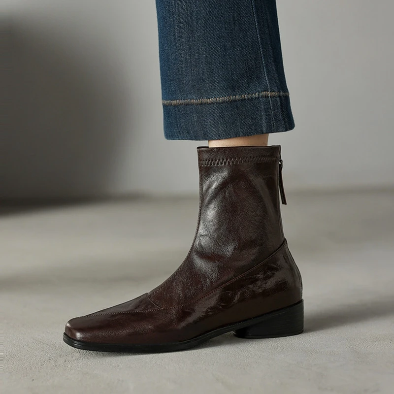 

Women's new leather sheepskin square toe and calf zipper elastic boots, slim boots, simple retro fashion short boots
