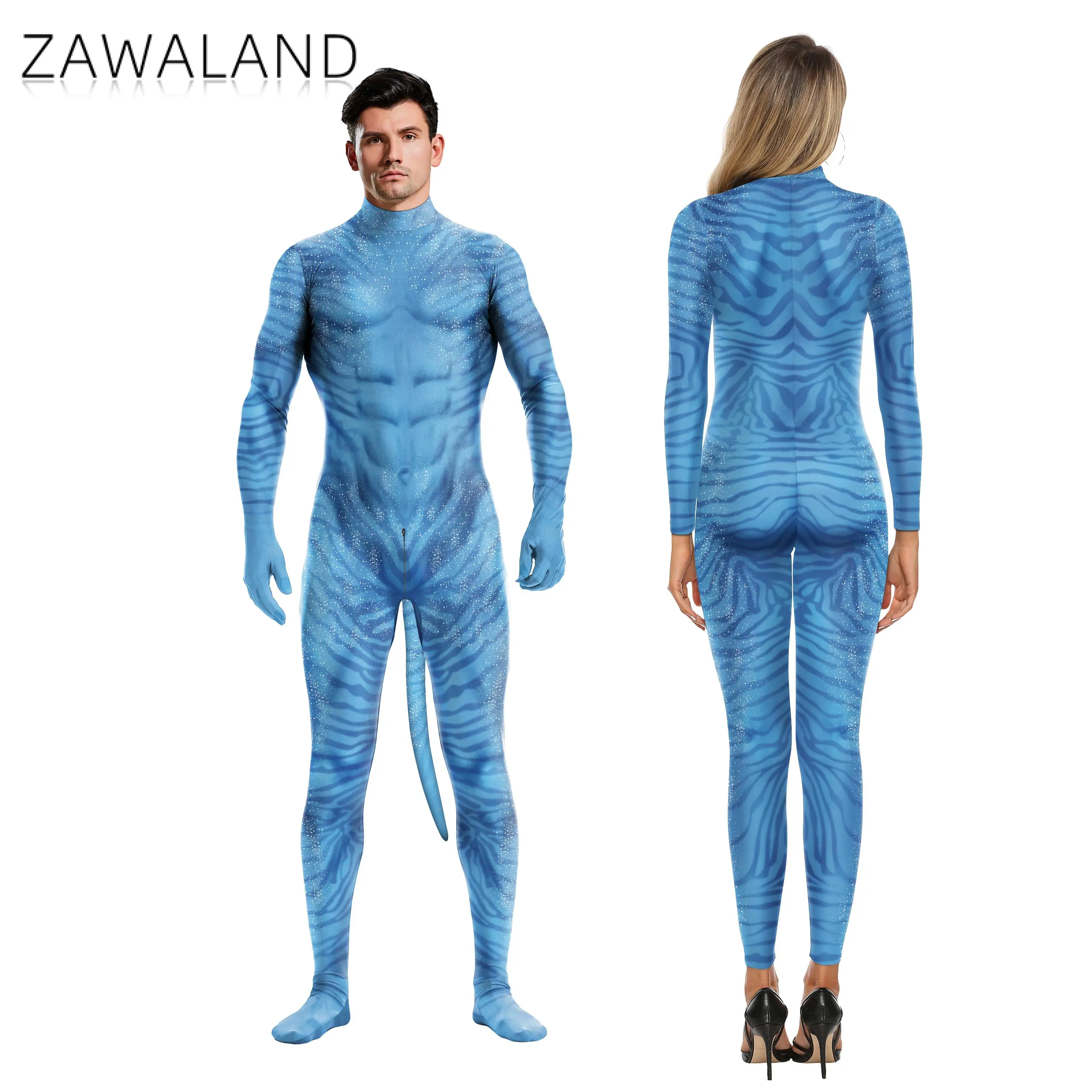 Zawaland Bondage Latex Halloween Festival Overall Ganze Kostüm 3D Gedruckt Catsuit mit Schwanz Zentai Cosplay Fitness Outfit