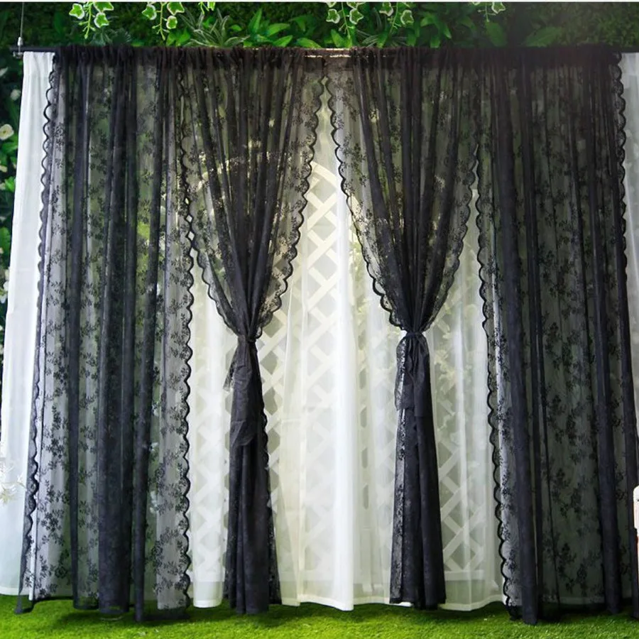 

Black Sheer Curtains White Lace Curtain Rod Pocket Window Treatment Drapes Ready Made for Living Room Bedroom Wedding decortaion