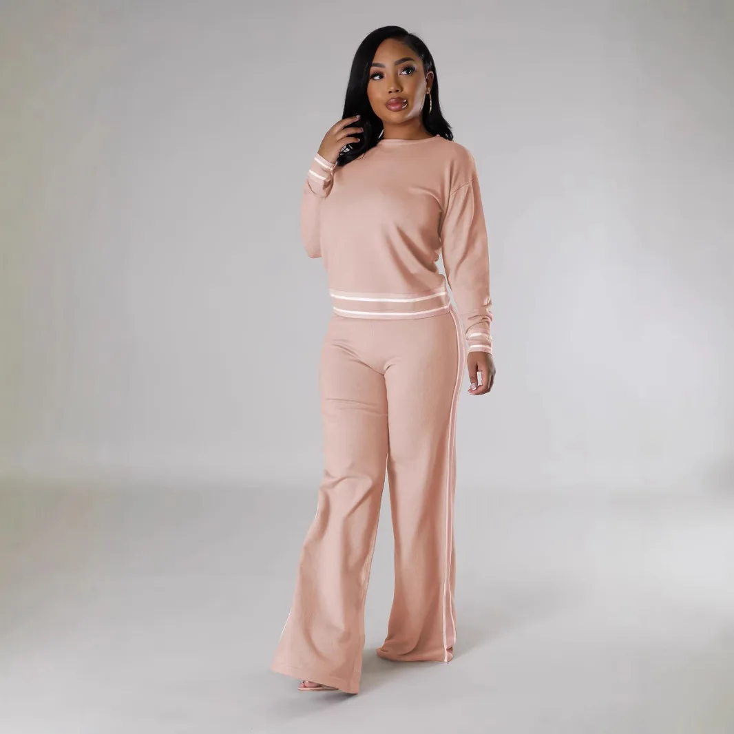 2025 Striped Print Lounge Wear Long Sleeve Crew Neck Pullover Wide Leg Pants Comfortable Conjuntos De Mujer Sets Womens 2 Piece