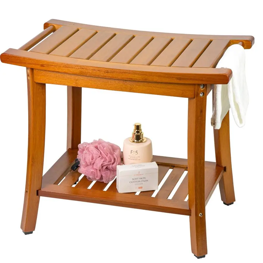 

Bamboo Shower Bench with Storage, Wood Shower Stool with Handles, Bathroom Seat for Towels, Spa, Inside Shower, Brown Finish