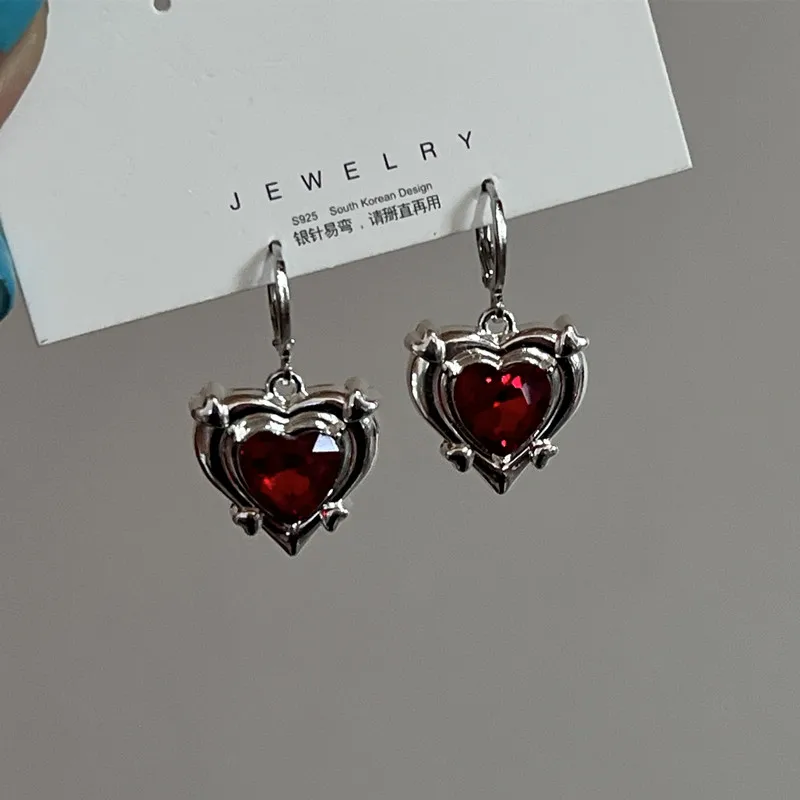 

Gothic Punk Irregular Red Crystal Heart Cross Pendant Earrings For Women Men Grunge EMO Aesthetic Rave Jewelry Y2K Accessories
