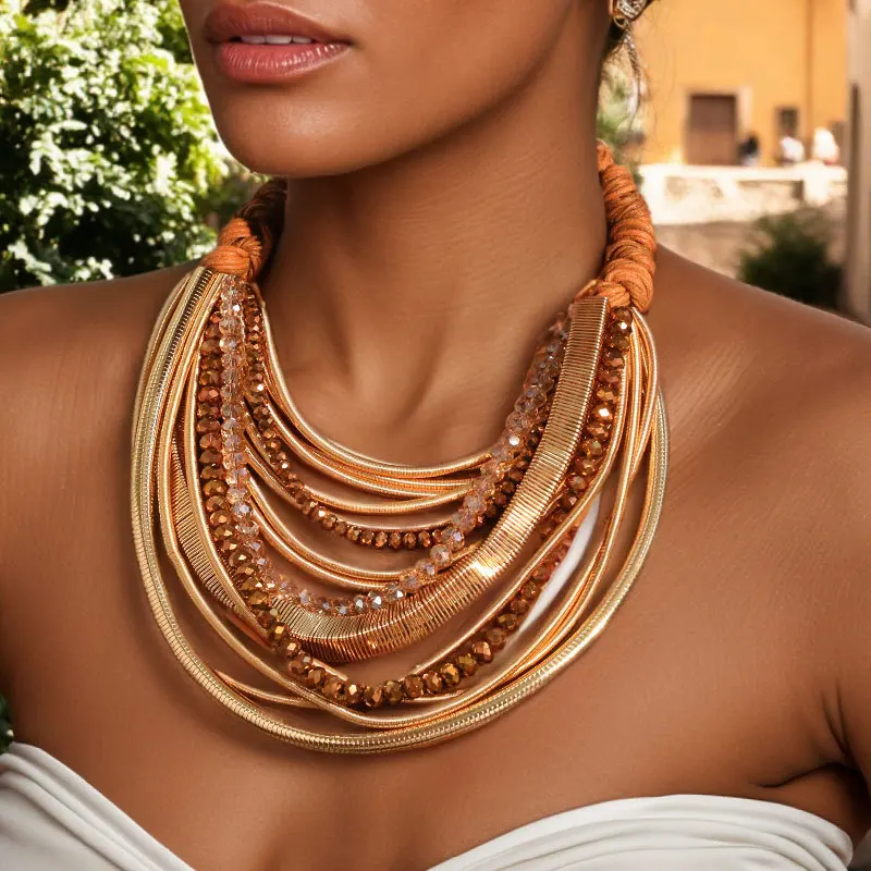 

1Pc Exquisite Vintage-style Brown Crystal Beaded Multi-layered Necklace,A Glamorous And Unique Everyday Necklace,Christmas Party