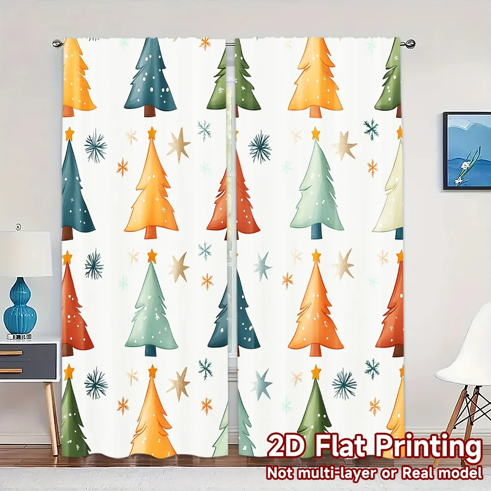 2pcs,Curtains Christmas Tree Repeat (3) Modern Curtain Fabric Polyester Easy Install Curtains Art Deco Festive Ldeal for Study,