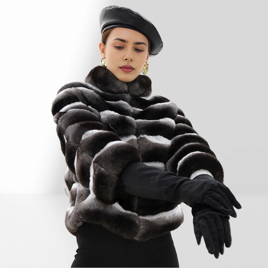 

Короткая куртка из меха шиншиллы, шуба из натурального кроличьего меха с высоким воротником, пушистая куртка, новый стиль, осенне-зимняя женская шуба из натурального меха