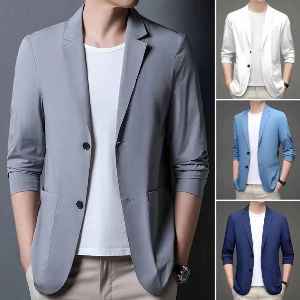 

Men Suit Coat Commute Style Long Sleeves Open Placket Blazer Lapel Suit Jacket Solid Color Double Buttons Pockets Fall Jacket