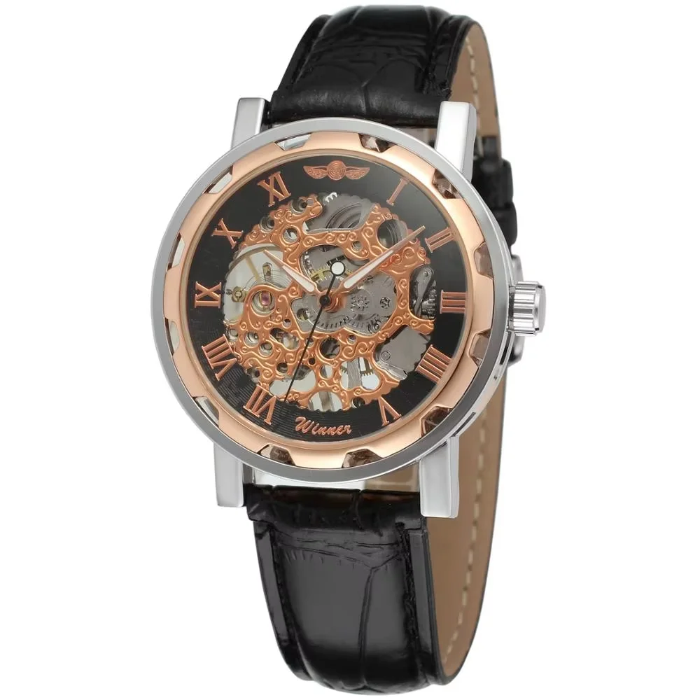WINNER Fashion trend men's and women's watches hollow dial leather strap creative design automatic mechanical watches