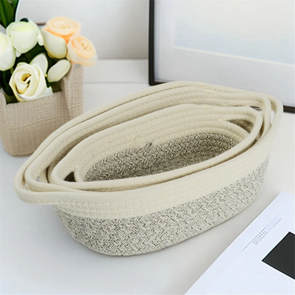 Rope Storage Baskets Organizer Woven Basket - Portable Cotton Bins for Clothes, Beddings, Towels S