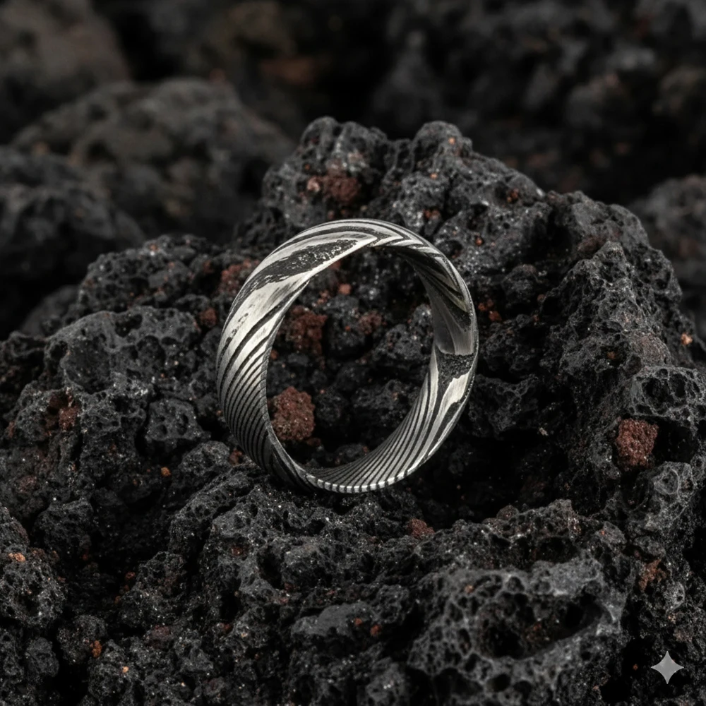 Brutalistischer Damaststahlring für Männer, minimalistisches Design, AAA+, Zirkonia, Ehering, einzigartige Herrenschmuck-Accessoires, 2025 – Detail 6