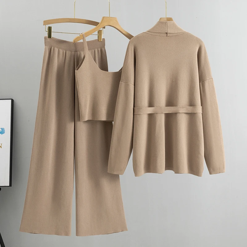 2023 Autumn Solid Knitted 3 Piece Sets Women Elegant Strapless Top and Long Pants Suit Long Cardigan Outfits