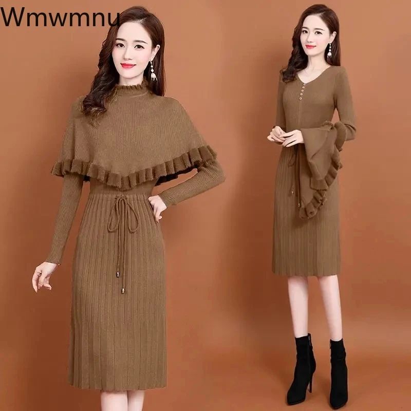 

Winter Knitted Dresses Autumn Two Piece Set Vintage Half Turtleneck Ruffles Cloak + Knitwears Sweater Dress Suit Women Outfit