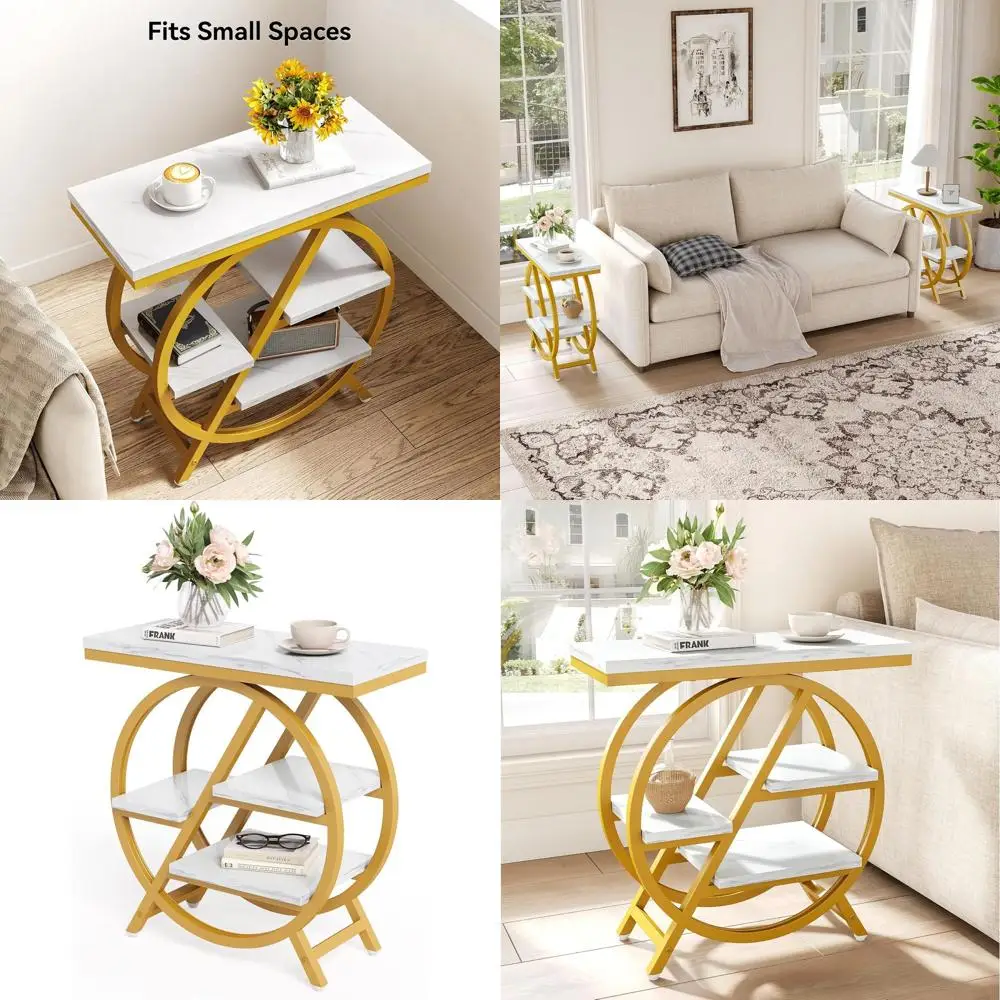 

4-Tier Faux Marble Side Table with Ample Storage, Sleek Modern Nightstand for Living Spaces, Bedroom, White & Gold