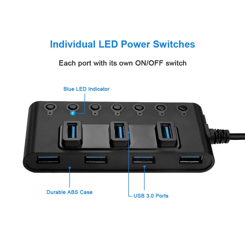 Adaptor Hub USB 3.0 7 port, Splitter Hub USB portabel dengan konverter saklar untuk komputer Laptop PC