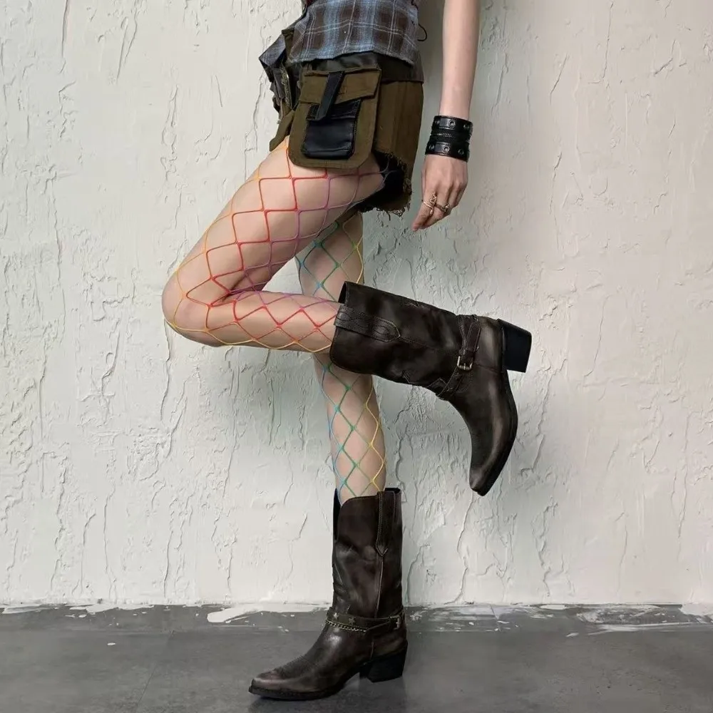 

Милые крутые допаминовые радужные ажурные чулки Y2K с градиентом, сексуальные колготки с высокой талией, ажурные носки, пикантные девушки