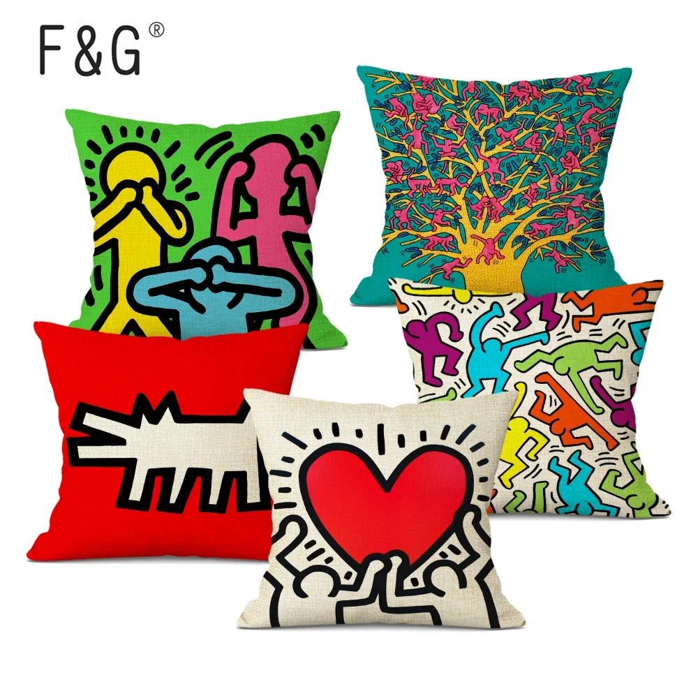 Juste de coussin carrée en lin avec graffiti, taie d\'oreiller décorative, art abstrait coloré, figures pop art