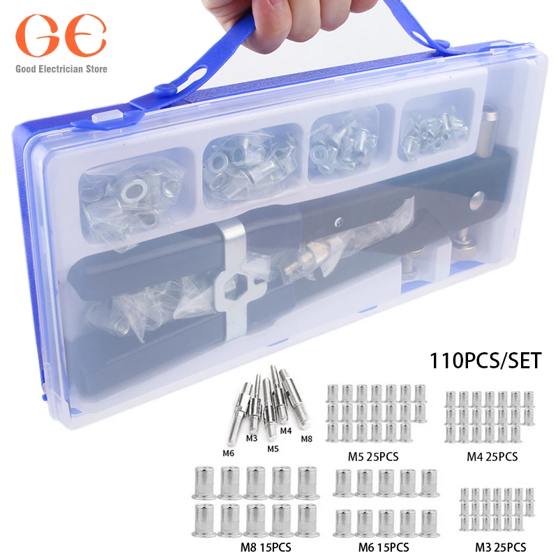 86 Stks/set Hand Klinkhamer Moer Klinknagel Pistool Kit M3-M8 Handleiding Schroefdraad Moer Rive Tool Kit Rvs Noten Metrische Draad voor Schroeven