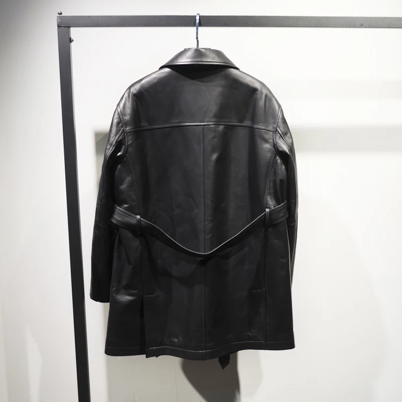 Natural Sheepskin Coat for Women Lapel Zipper Pocekts Black Mid-Length Windbreaker Stylish Casual Long Sleeve Leather Jacket