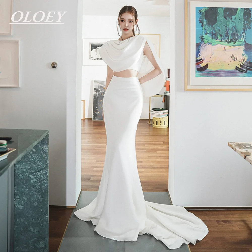 OLOEY Unique Ivory Wedding Dresses tTwo PCS Korea Photoshoot Bridal Gowns Customized Boat Neck Top with Long Mermaid Skirt