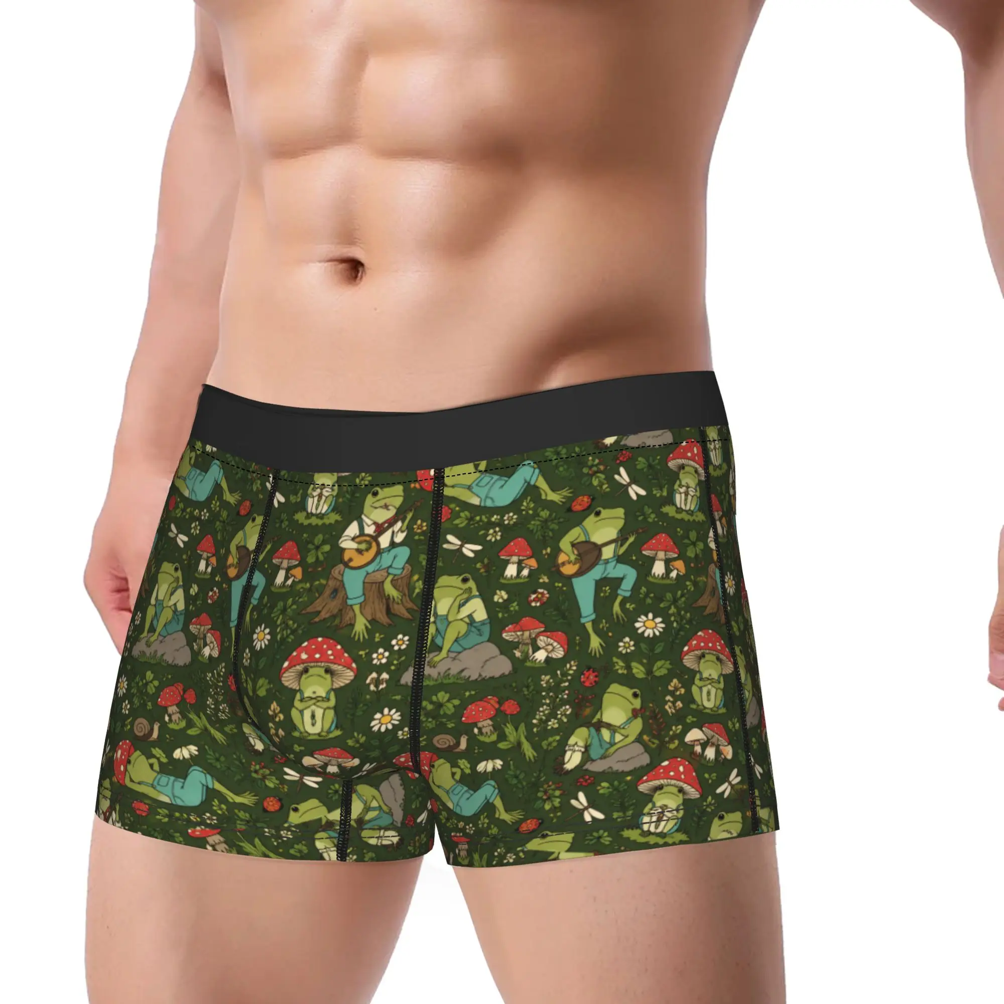 Cute Cottagecore  Frog Playing Banjo on Mushroom Boxer Shorts  Pouch Underwear Shorts Briefs Classic Man Underpants Big Size