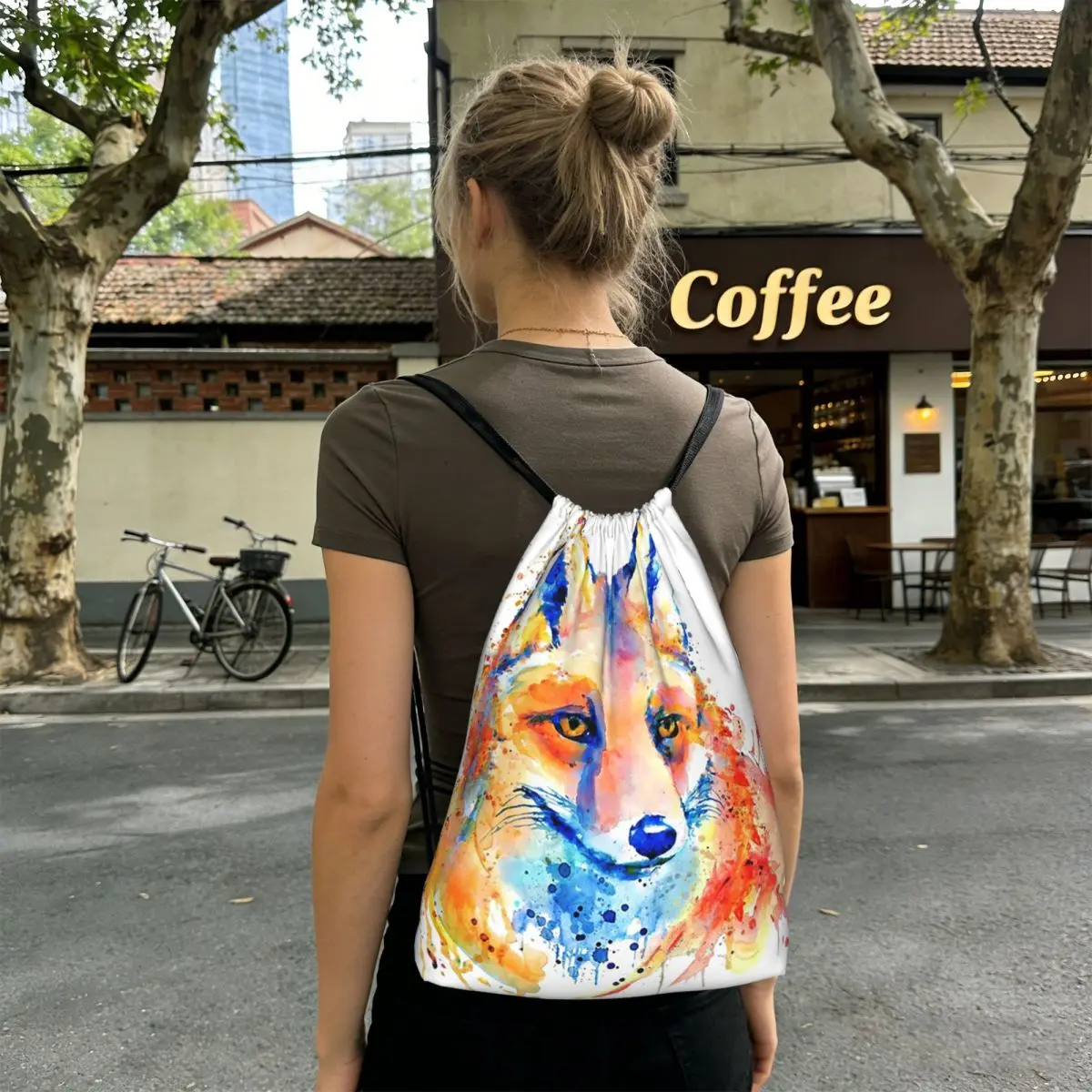 

Cute Little Fox Watercolor Painting Backpacks Multi-function Drawstring Bags Storage Bag Book Bags for Travel School