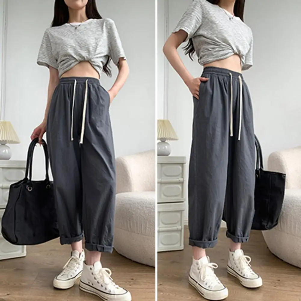 

Women Loose Casual Harem Pants Harem Fit Trousers Solid Color Women's Harem Pants Wide Leg Trousers with Elastic Drawstring