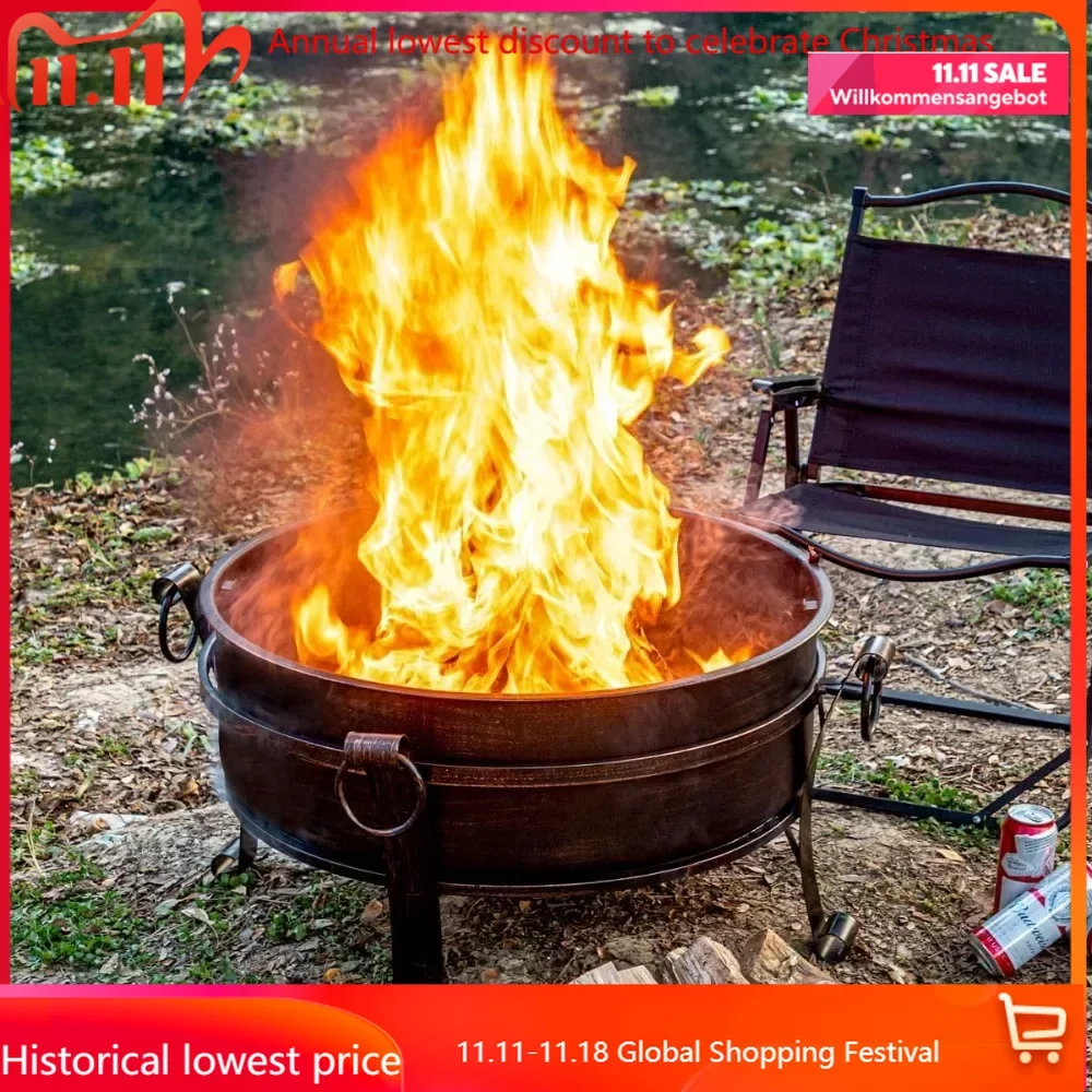 36 Inch Fire Pit with Grill & Lid, Fireplace & Round Table & BBQ 3 in 1 Fire Pit,Heavy Duty Wood Burning Fire Pits for Outside w