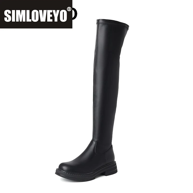 

SIMLOVEYO Brand Leisure Woman Thigh Boots Round Toe Flats Zipper Soft Vintage Stretch Bota Small Size 33 Winter Daily Soft Shoes