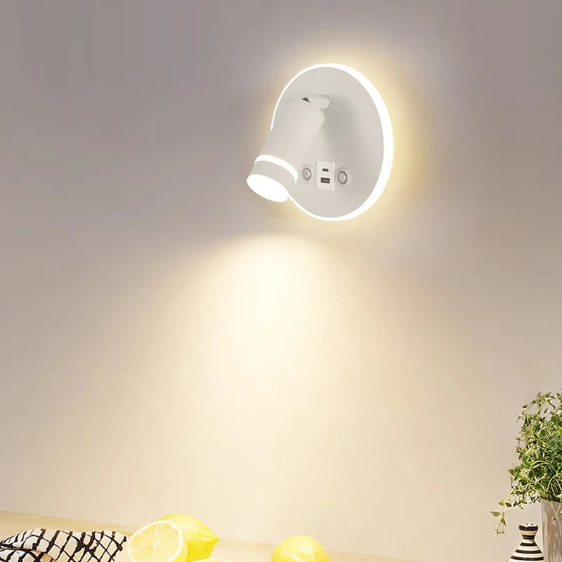 Hotel Bedroom Reading Wall Lamp Acrylic Lampshade Rotatable Spot Sconce Light LED Dimmable Charger Interface Lustres With Switch