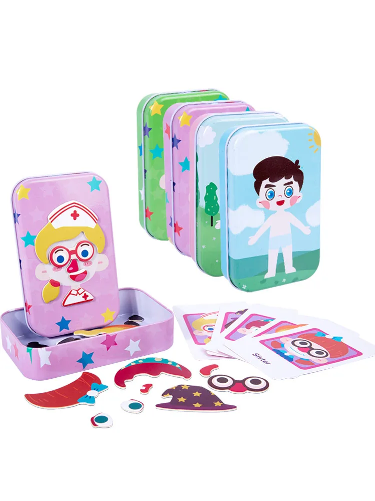 Magnetyczne puzzle 3D dzieci element ubioru zmień wyraz twarzy gra żelazne pudełko układanka wczesna edukacja wyobraźnia zabawki dziewczyny prezenty — zdjęcie 2