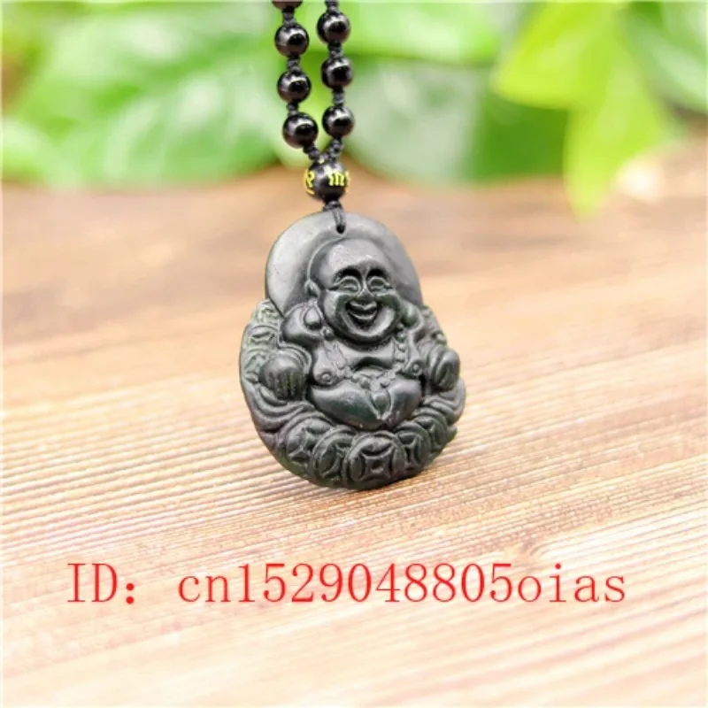 Natural Black Green Jade Maitreya Pendant Beads Necklace Charm Jewelry Obsidian Accessories Carved Buddhism Amulet Gifts for Men