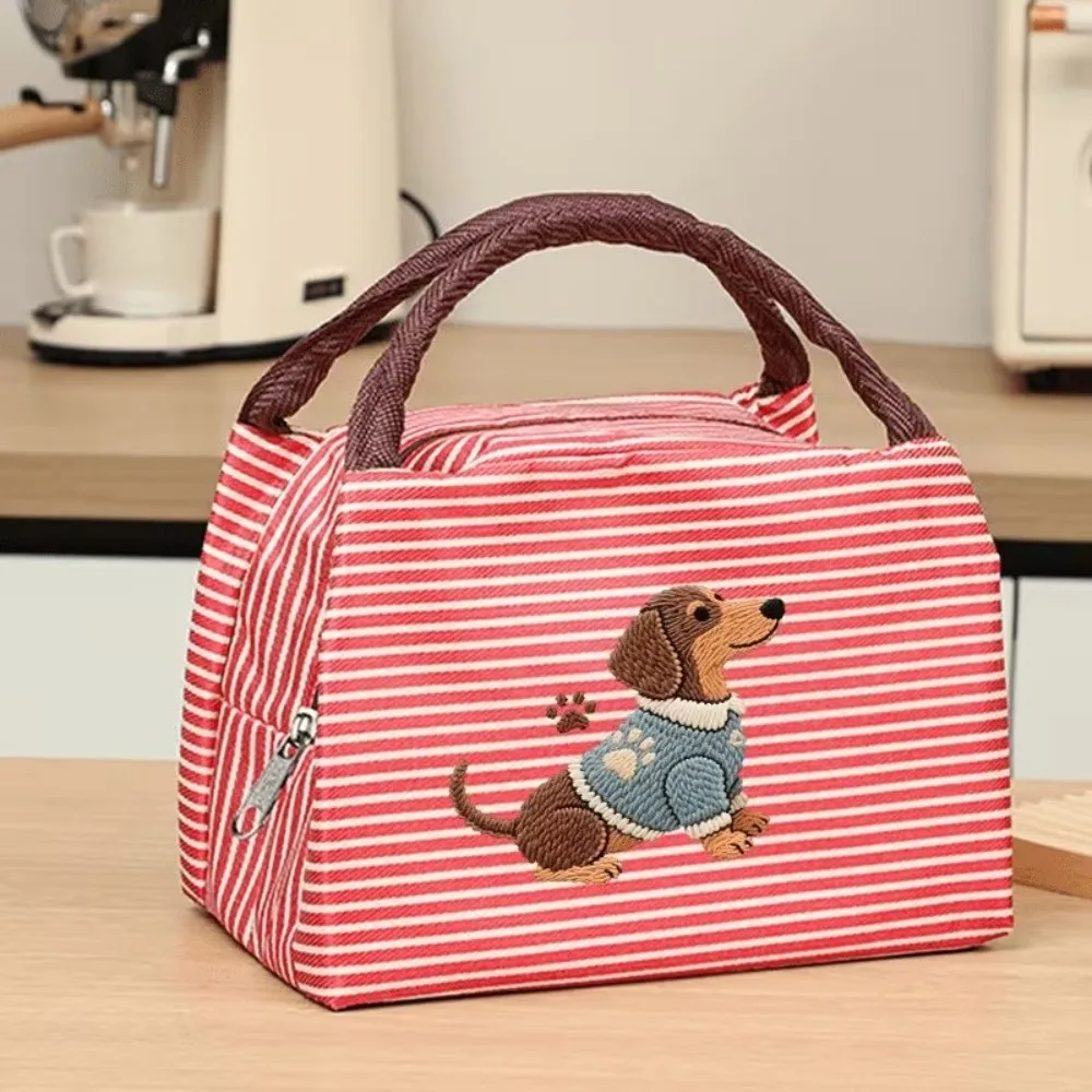Reusable Puppy Embroidery Thermal Lunch Bag Striped Insulated Tote Bag Portable Handheld Food Container Bag Travel