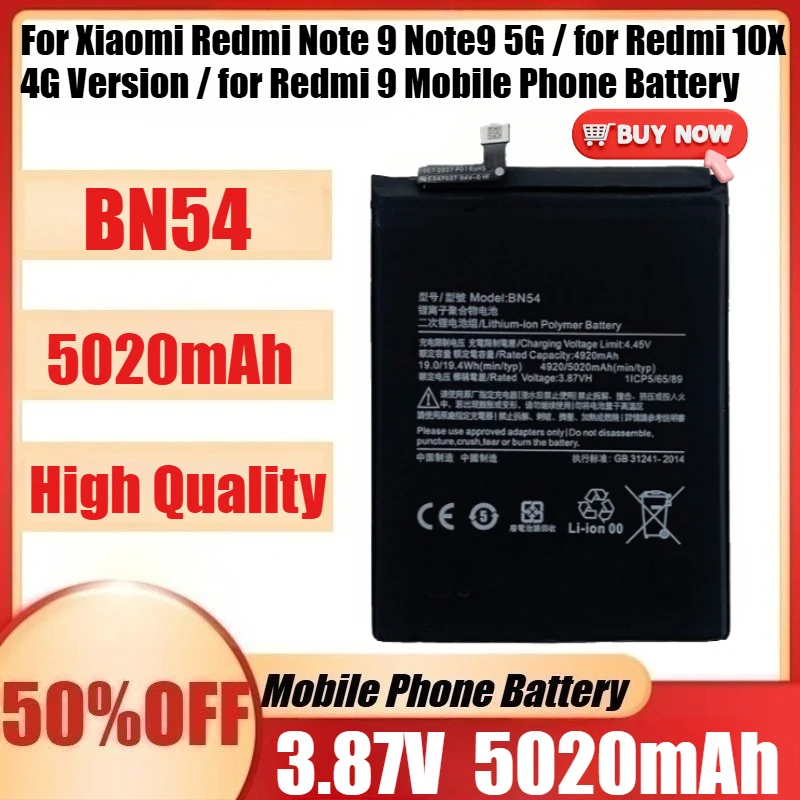 

Новый аккумулятор BN54 емкостью 5020 мАч для Xiaomi Redmi Note 9 Note9 5G/для версии Redmi 10X 4G/для Redmi 9 Аккумулятор для мобильного телефона