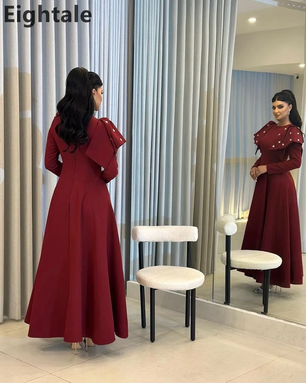 Eightale 2025 A Line Abito da sera in raso bordeaux Manica lunga O Collo Abito da ballo Abito da festa arabo saudita personalizzato