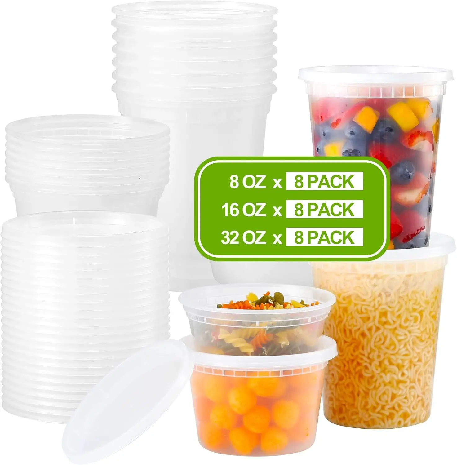 

24 Pack Plastic Deli Containers with Lids, 8/16/32 oz, Airtight, Microwave/Freezer/Dishwasher Safe, BPA-Free, Leakproof