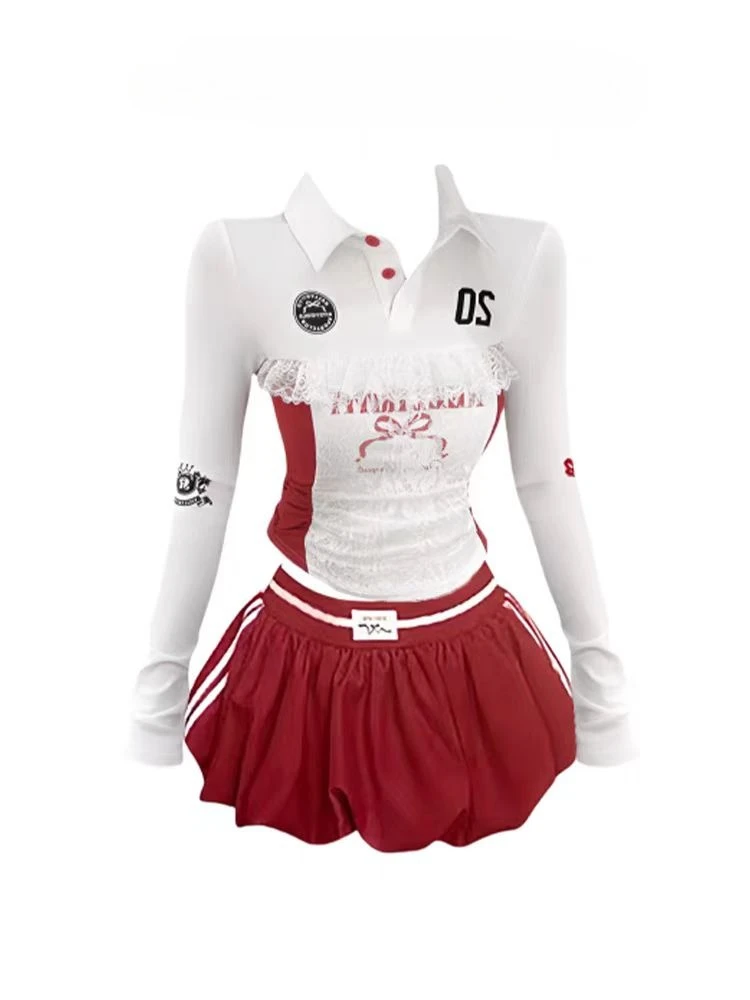 

Y2k Hot Girls Outfits 2 Piece Set Women Sweet Lace Crop Tops + Red Bow Trousers Autumn Street Harajuku Fashion Pants Sets New