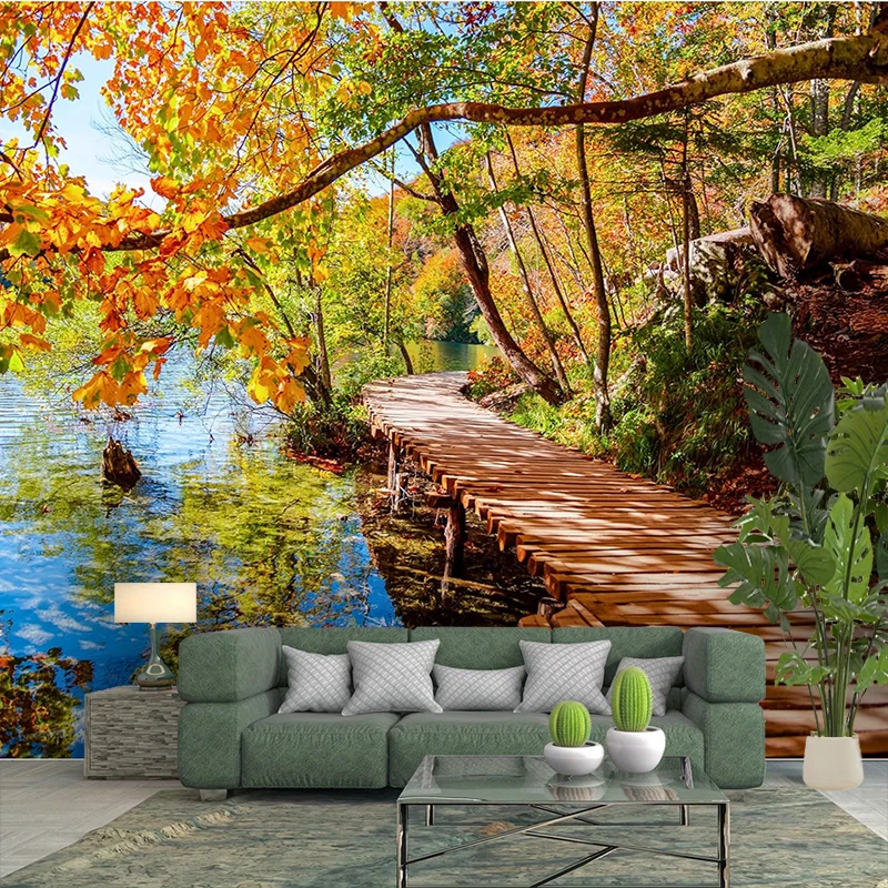 1PC Fall Wooden Path Lake View Print Backdrop Banner, Bedroom Living Room Photo Background, Polyester, Home Decor, Wall Art