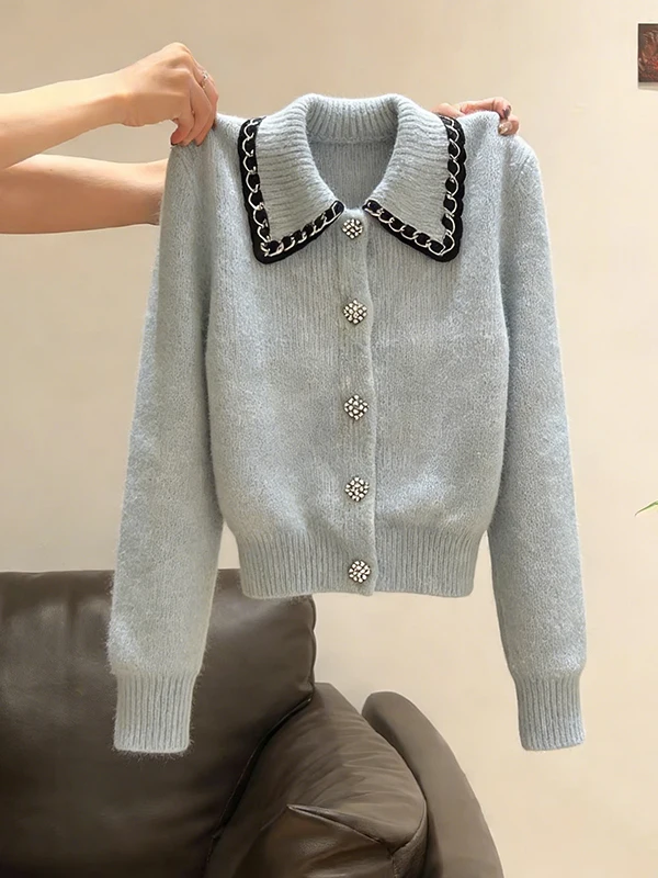 

Korean Style Fashionable Knitted Sweater And Jeans Set Short Doll Collar Spring 2026 Women's Clothing Two-Piece Suit