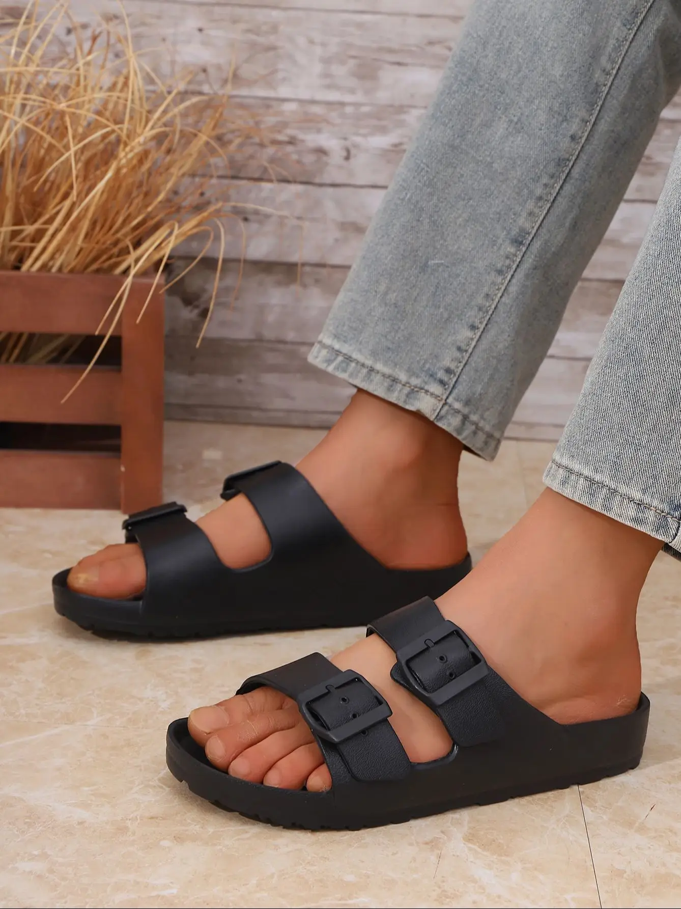 Herren Teen Mules Neue Sommer Retro Casual Slip-On Hausschuhe Eva Einteilige geformte Doppelriemen halb-Slip flache Hausschuhe mit verstellbarer Schnalle