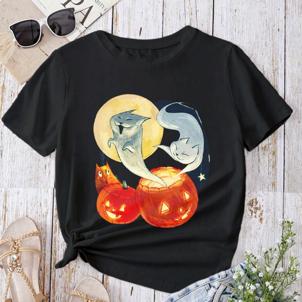 女性のためのカワイイグラフィックTシャツ、ハロウィーン、秋のカジュアルTシャツ、かわいいカボチャの衣装、カラフルな花のプリント、90年代の服