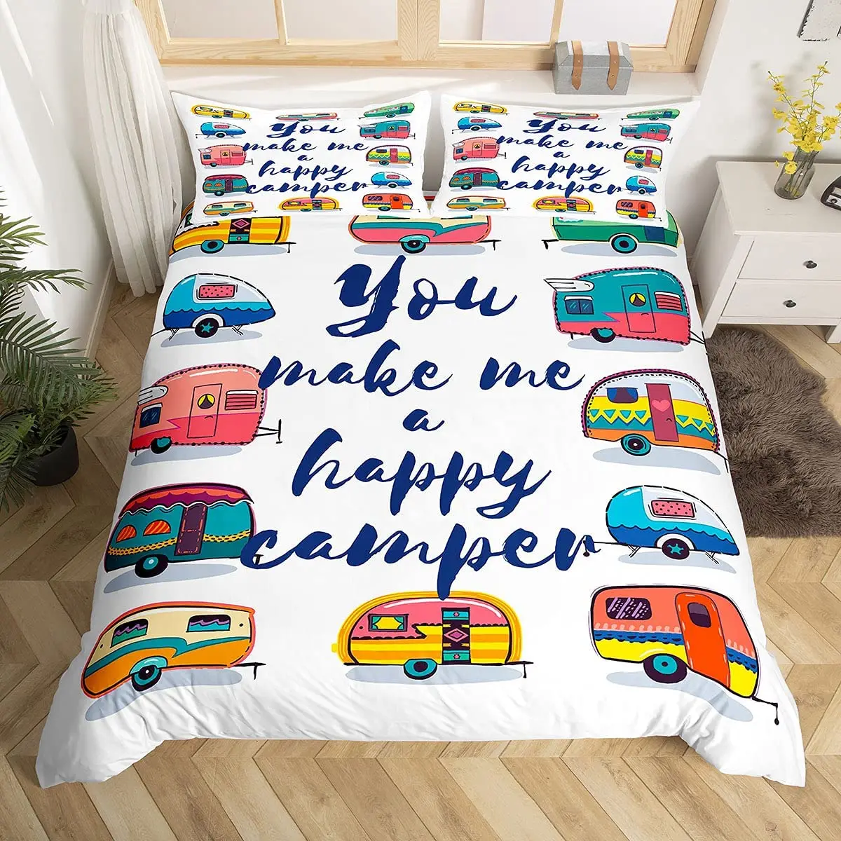 Camper Car King Queen Duvet Cover Cartoon Camping Bedding Set for Kids Boys Girl Toy Camp Travel Rv 2/3pcs Polyester Quilt Cover