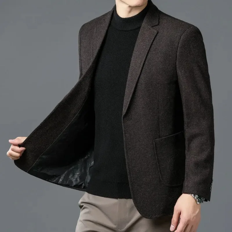 

Winter Autumn Men Elegant Gray Wine Red Camel Sheep Wool Blazers Male Smart Casual Notched Collar Cashmere Blended Jecket Suit