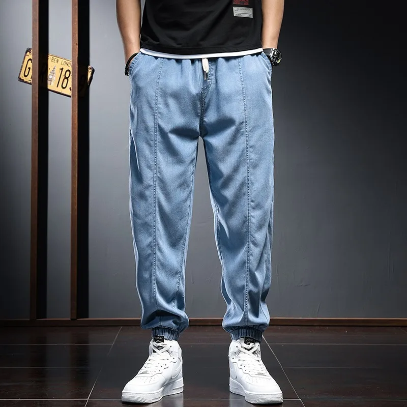 2022 Summer Thin Lyocell Jeans Men Joggers Streetwear Baggy Pencil Pants Hip Hop Casual Light Blue Elastic Waist Denim Trousers