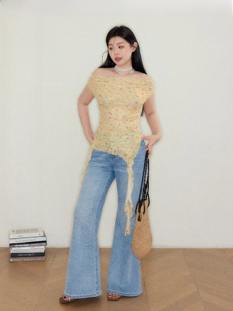 

JULULOOK Studio "Love in South France" Топ с цветочным принтом, большие размеры, летняя рубашка с коротким рукавом на одно плечо, смесь полиэстера