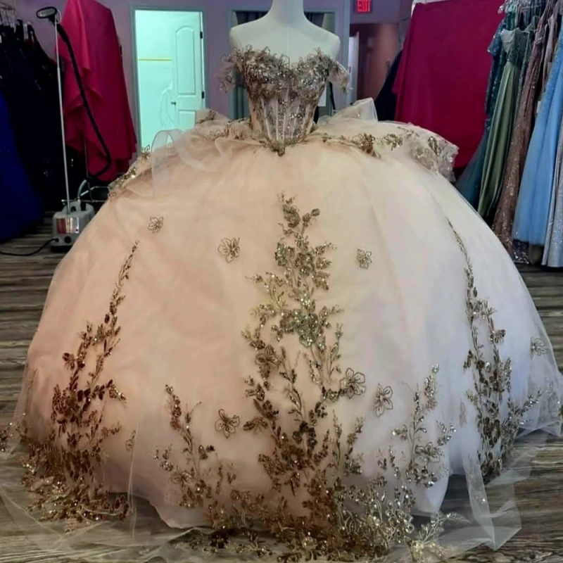 

champagne Ball Gown Quinceanera Dresses Applique Flower Beading Crystal Bow Tiered Tull Corset Off The Shoulder Sweet 16 dress