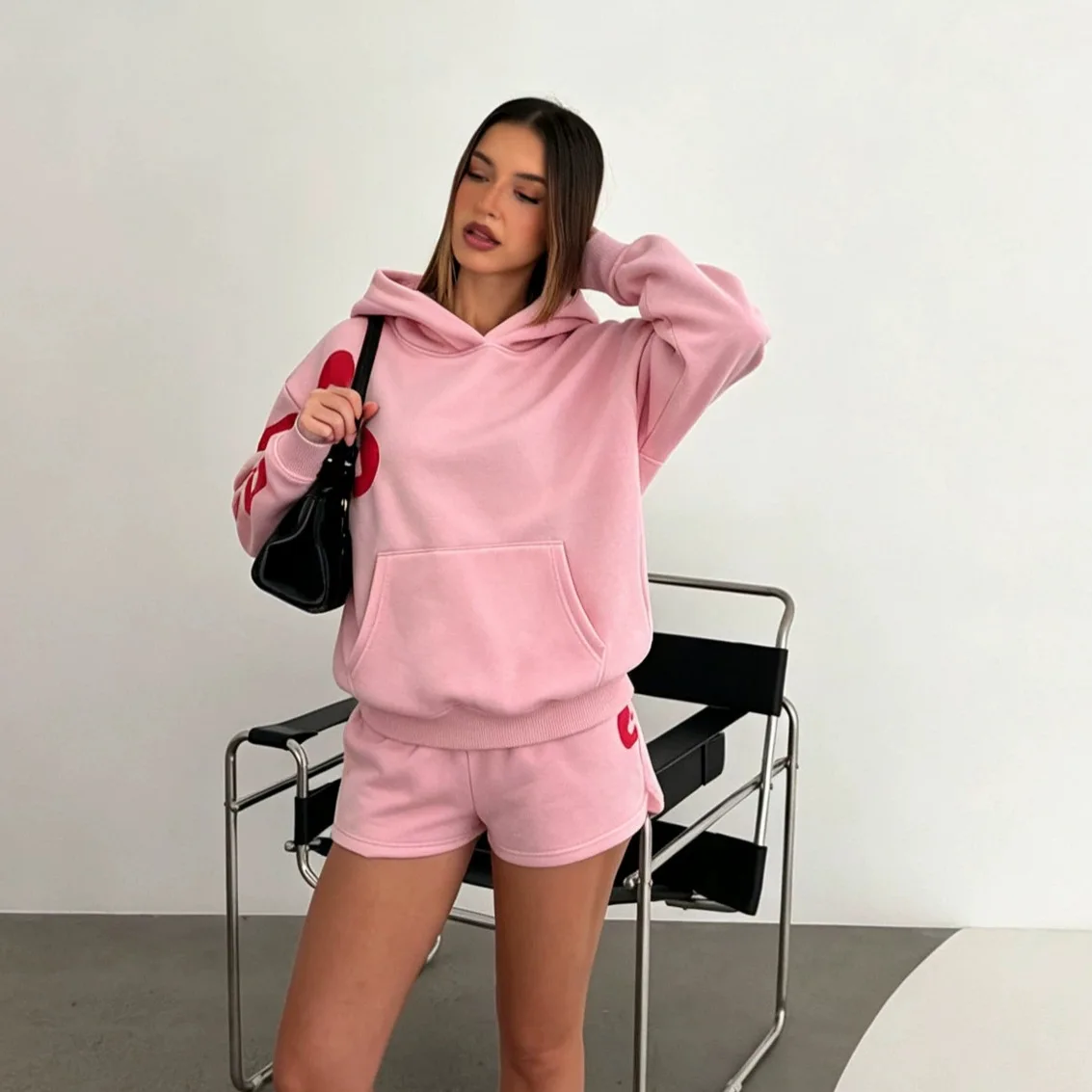 Women's Two-piece Jogging Suit Cute Contrasting Red Abstract Flower Print Long Sleeved Hooded Sweatshirt With Kangaroo Pocket