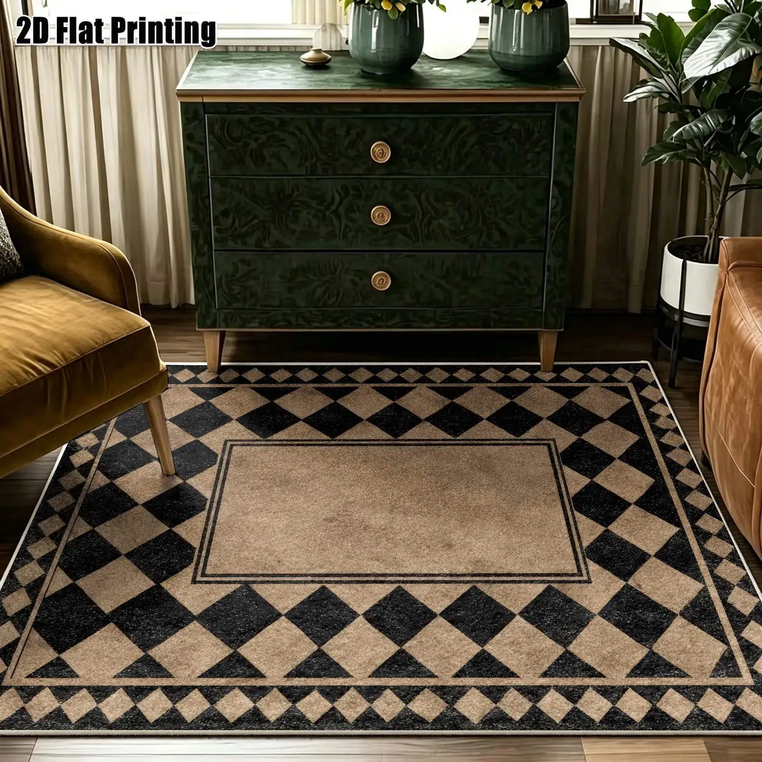 1Pc 2D Printed Velvet Carpet, Retro Black-Brown Geometric Diamond Pattern European/Minimalist/Nordic/Instagram Style, Multi-Size, Machine Washable, for Entrance, Dining, Foyer, Living Room, Bedroom Home Decor.