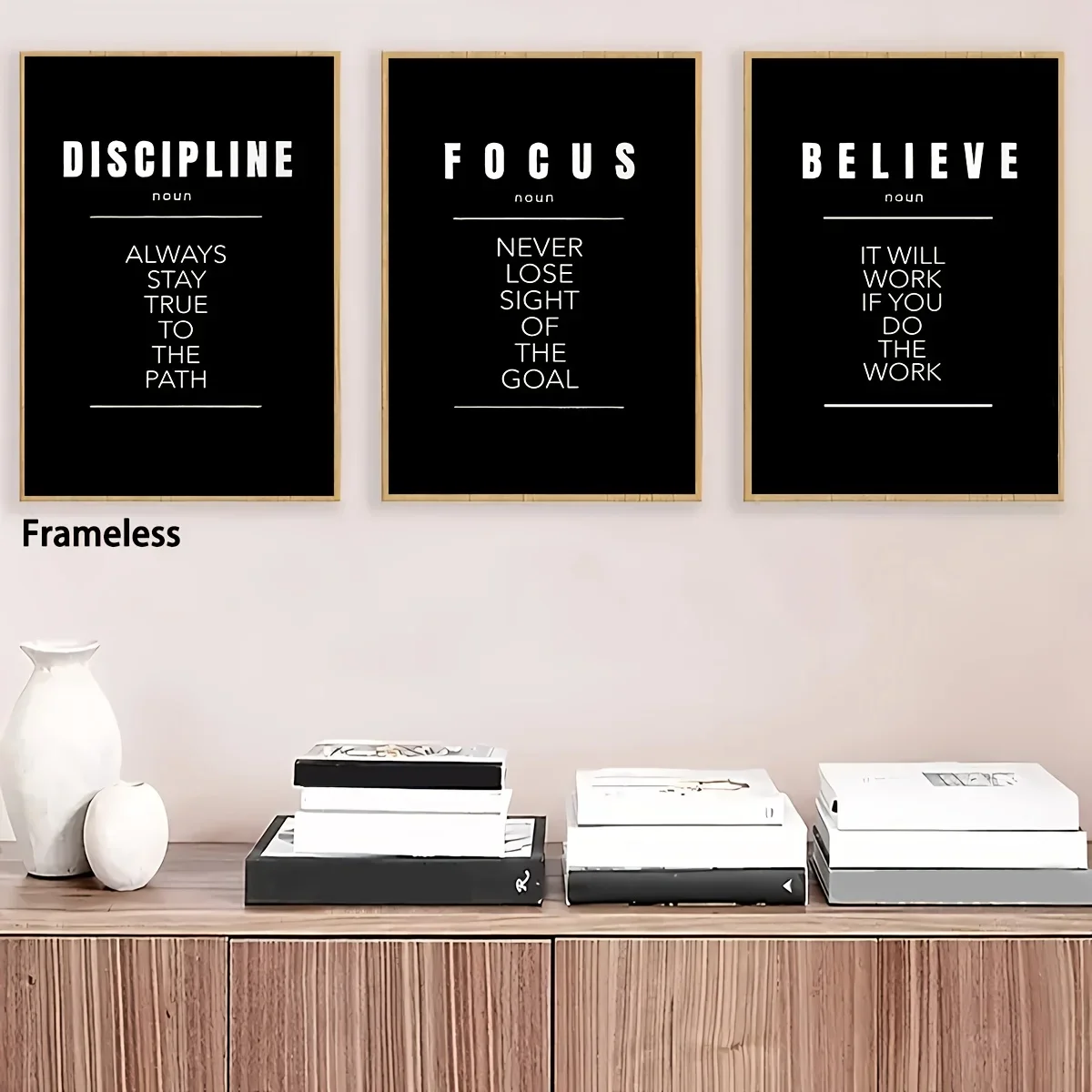 2D Flat, 3pcs Modern Vertical Motivational Quote Wall Art Posters - Discipline Focus Believe Suitable for Home Office Gym Cla